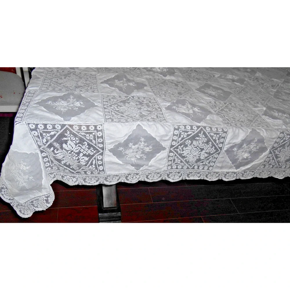VTG Linen Filet Lace Banquet Tablecloth Floral Applique Army Navy 115